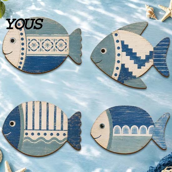 Rustic Wooden Wall Plaques 4PCS Fish Decoration, Mediterranean Style Hanging Plaques, Blue White Distressed Seaside Interior Accents Geometric Pattern