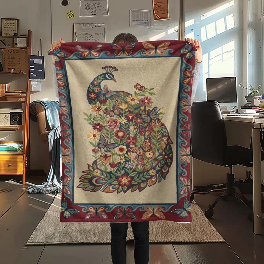 1Pc Peacock Print Flannel Blanket, High quality Comfortable for All Seasons, Home Decor, Warmth and Comfort, Perfect for Christmas Gifts W121