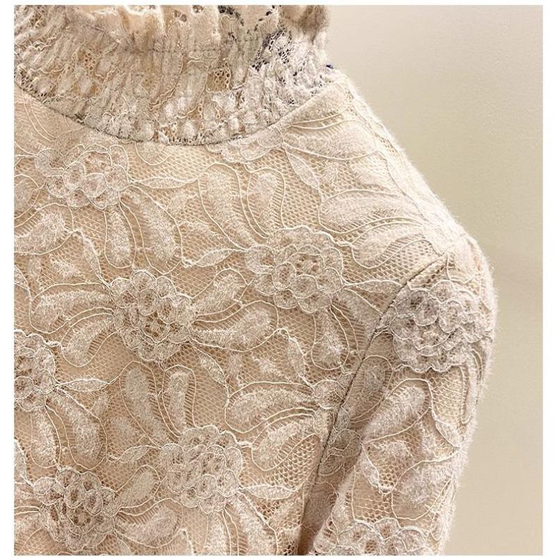 Women's Thick Lace Bottom Half High Neck Patchwork Ruched Long Sleeve Pullover Slim Top
