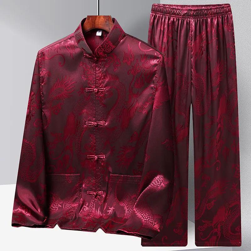 Chinese Style Long Sleeve Tan Suit Men's Ice Silk Spring Summer Season Middle-Aged and Elderly People Hanfu