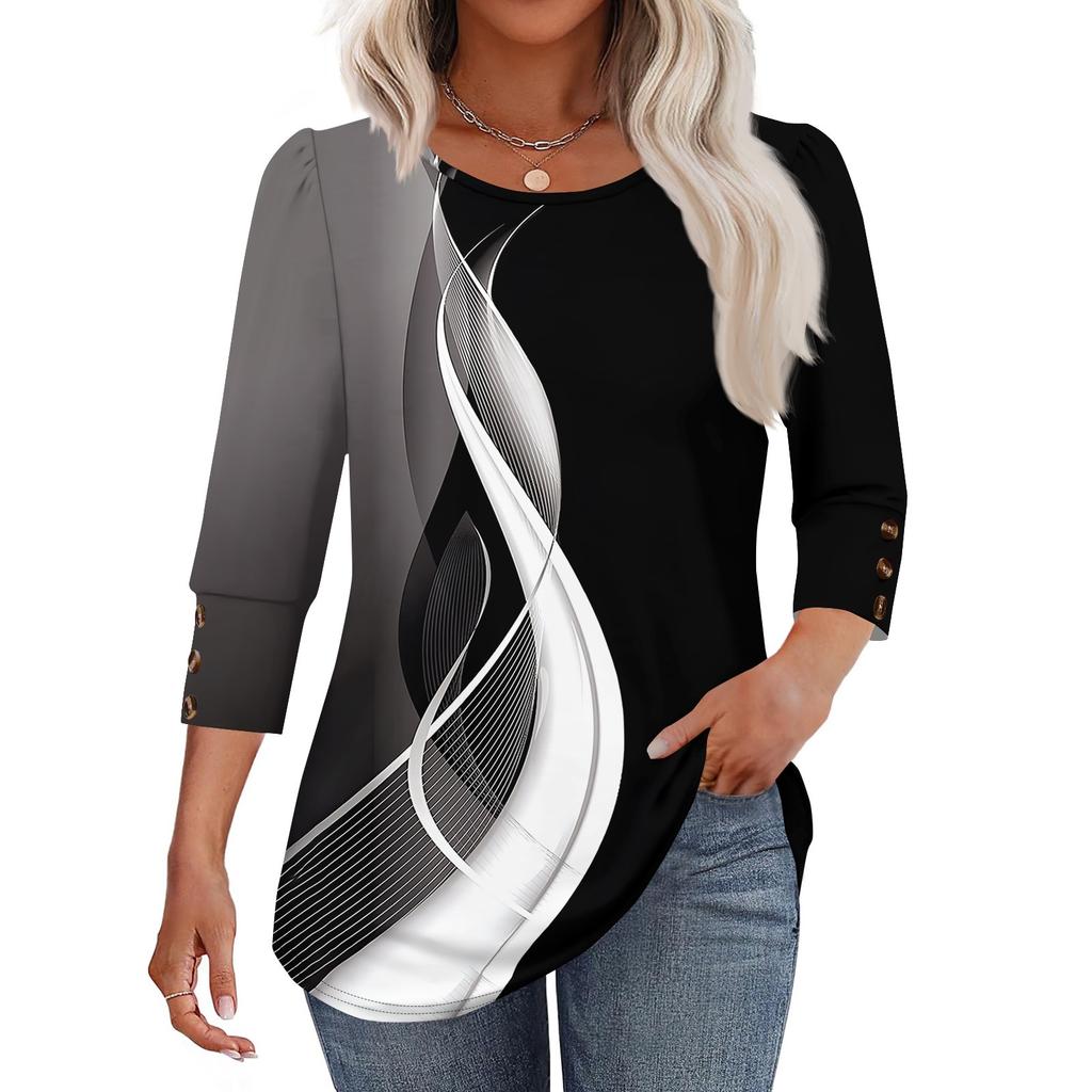 Women's Fashion Casual Color Block Stitched Print Round Neck Seven-sleeve T-shirt Top