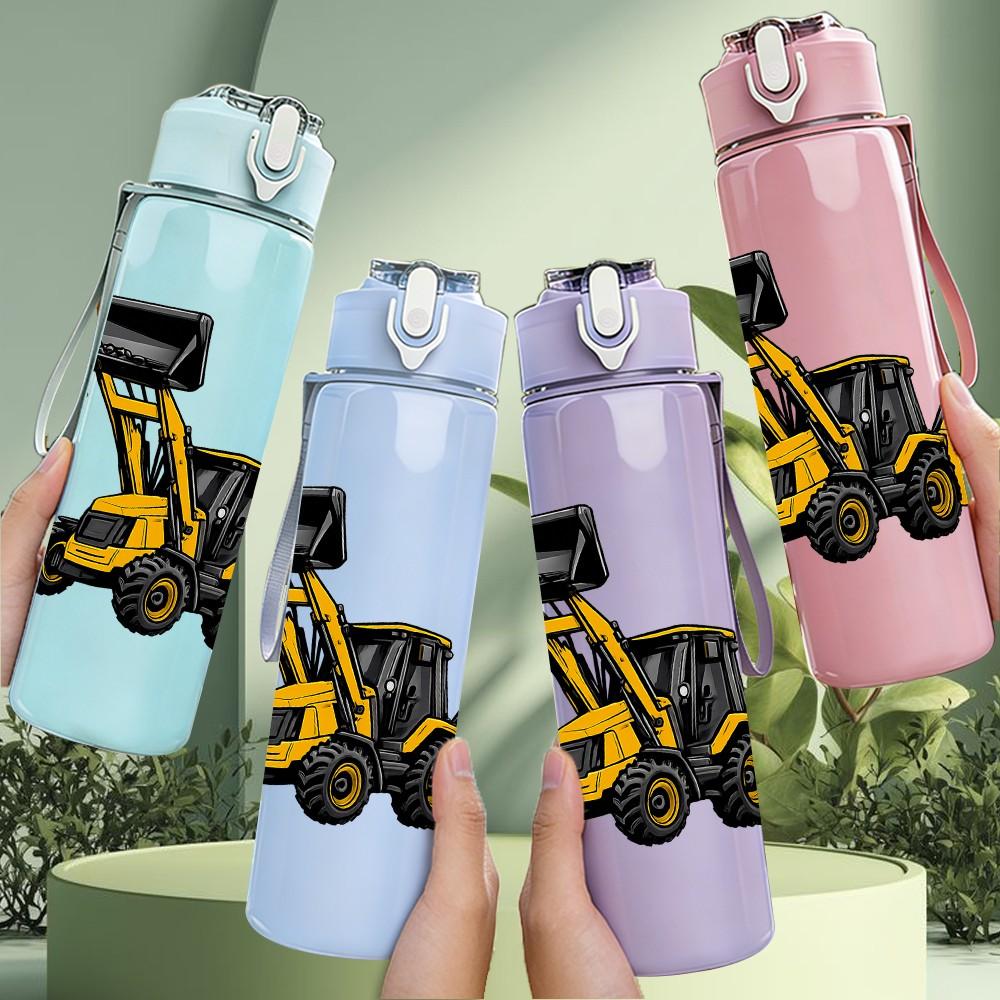 1PC Yellow Excavator Machine Pattern 750ml Color Plastic Sports Water Bottle Leakproof Flip Straw Lid Suitable for Sports Office Home Use