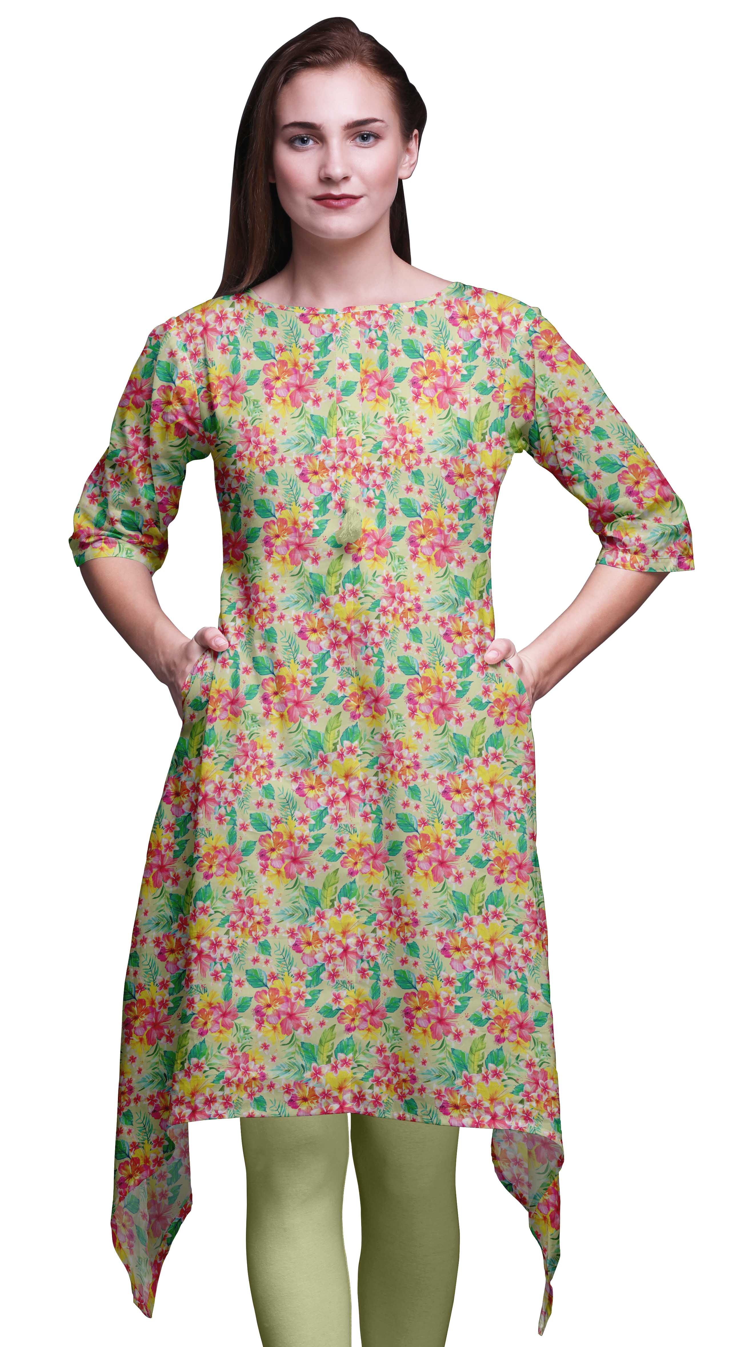 

Bimba Black Artistic Leaf & Floral Printed Asymmetrical Kurti Tops For Women Indian Summer Dress Tunic XXX-Large бежевий