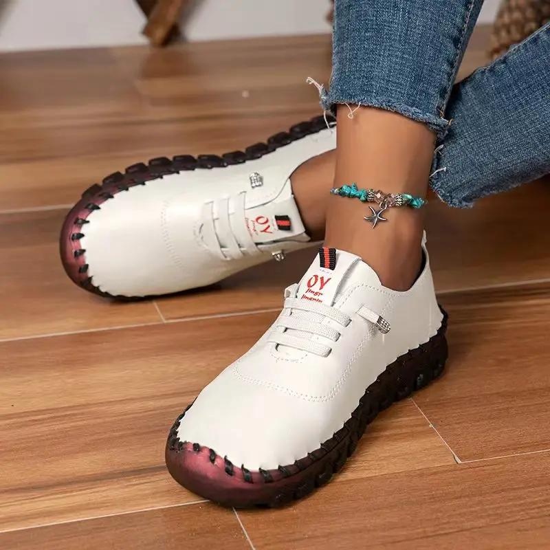 Sneakers Women Shoes Loafers Lace Up Leather Flat New Spring 2025 Casual Comfortable Mom Shoes Mujer Zapatos Chaussure Femme
