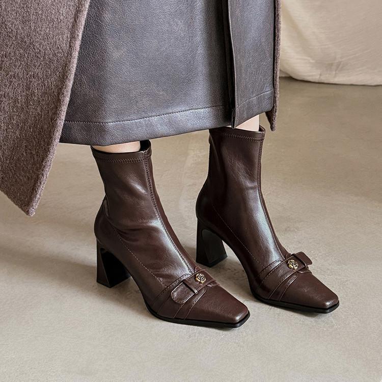 Klopf sanft klopf bequeme Kamelie quadratischer Kopf High Heel kurze Stiefel 2025 Herbst dünner Reißverschluss hinten Mode Stiefel Damen