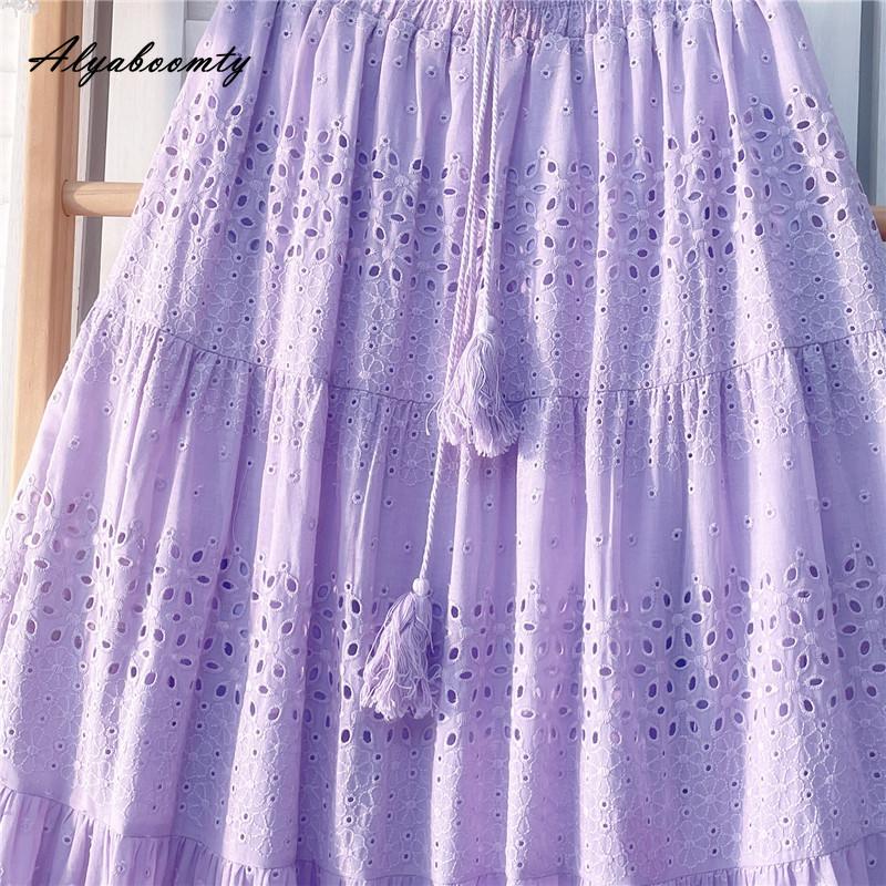 Spring Summer Women Sweet Skirt High Waist Purple Green Drawstring Tassel Skirts Hollow Out Elegant Ladies' Chic Skirts