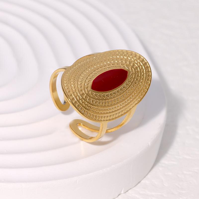 Retro Geometric Adjustable 18K Gold-Plated Wide Band Stainless Steel Ring