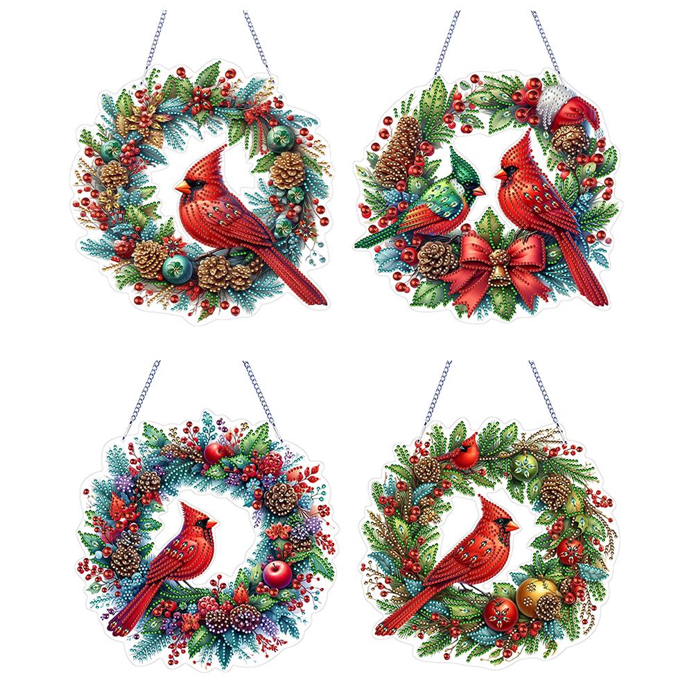 Cardinal DIY 5D Crystal Rhinestone Wreath Kits Diamond Art Painting Wreath Hanging Sign for Window Decoration