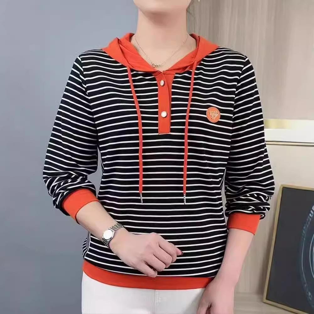 New T-shirt for Women's Fashionable Thin Versatile Striped Hooded Long-sleeved Top Spring and Autumn Striped Sweatshirt