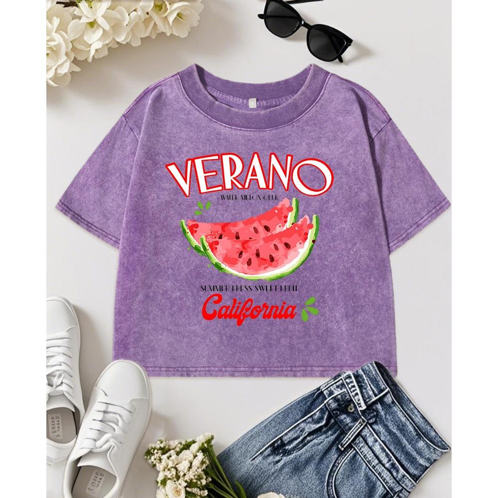 Verano California Summer Watermelon Printing Washed T Shirts Women Y2K Cotton Top Crewneck T-Shirt Summer Sports T-Shirt