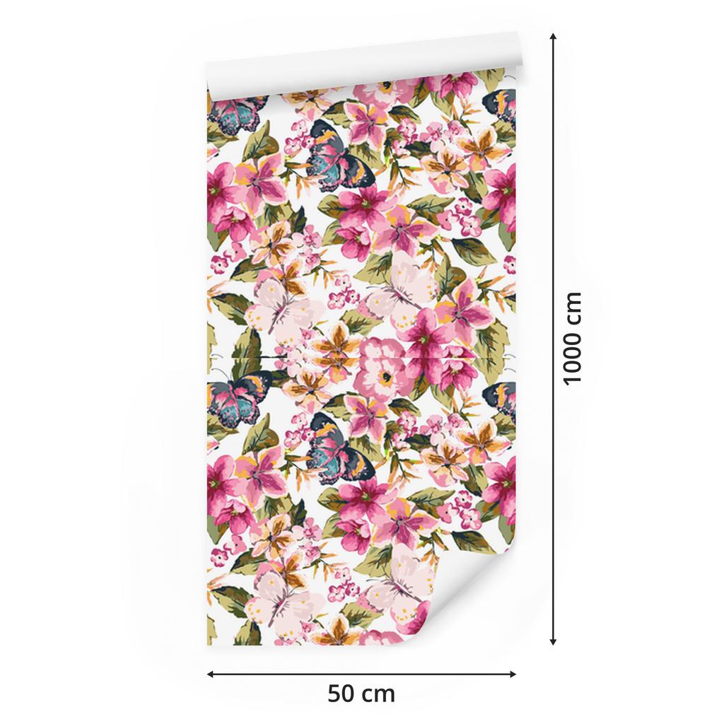 Wallpaper Colorful Butterflies Flowers and Leaves for Living Room and Bedroom 50x1000