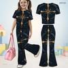 Girls Casual Red Blue Printed Round Neck Short Sleeve Top Flared Pants Two Piece Set