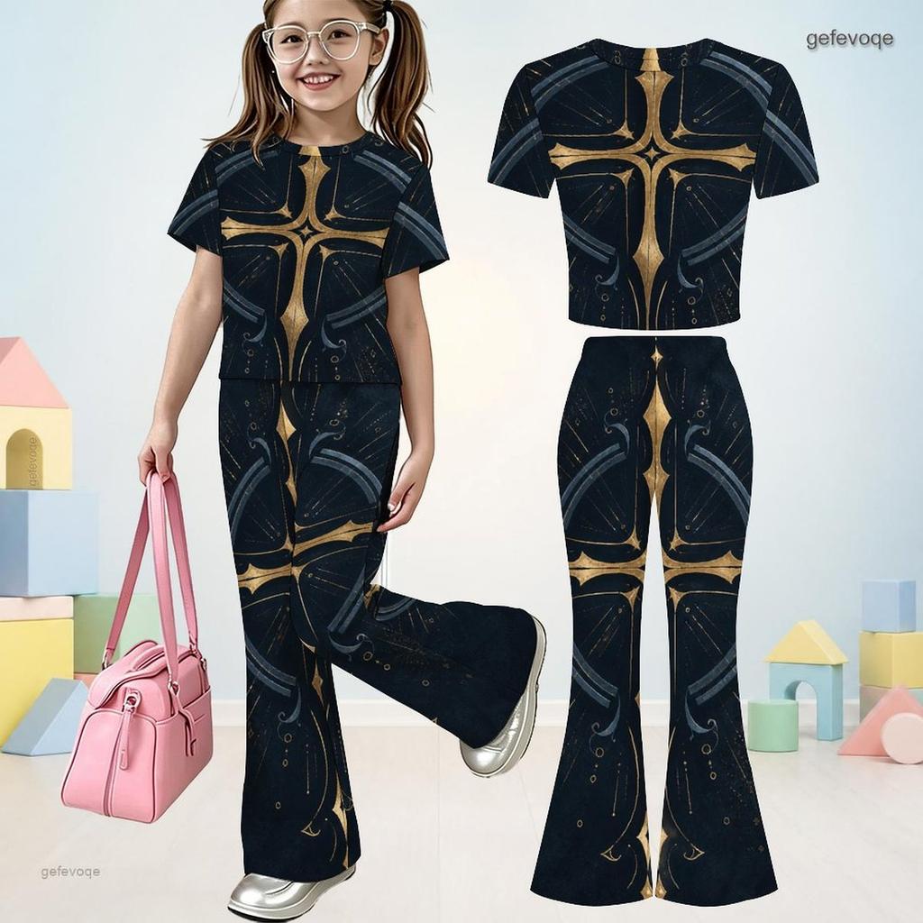 Girls Casual Red Blue Printed Round Neck Short Sleeve Top Flared Pants Two Piece Set