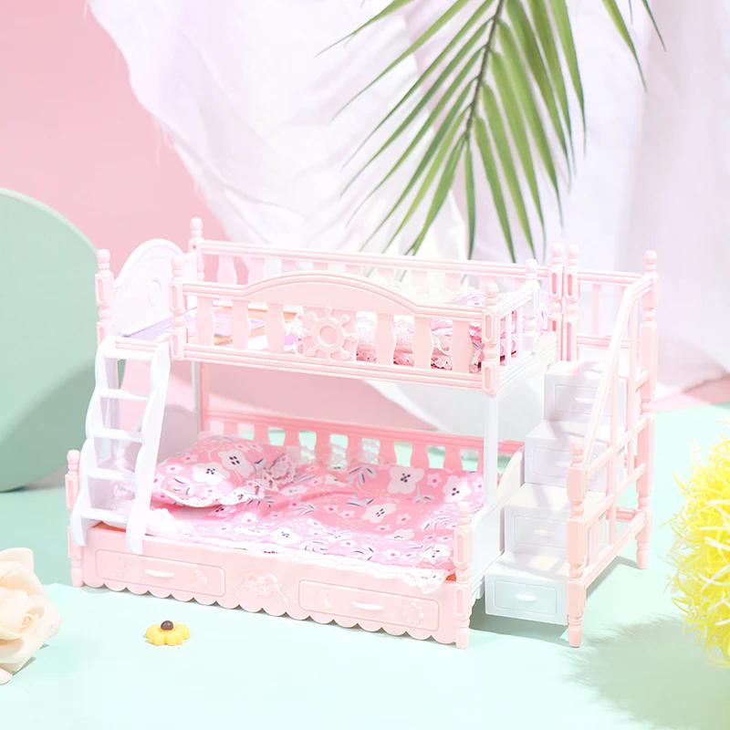Dollhouse Miniature European Princess Double Bed Simulation Furniture Doll House Bedroom Decor Pretend Play Toys For Kids