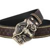 Western Cowboy Leather Belt with Bull Head Buckle, Rivet & Embossed Retro Style for Young Men