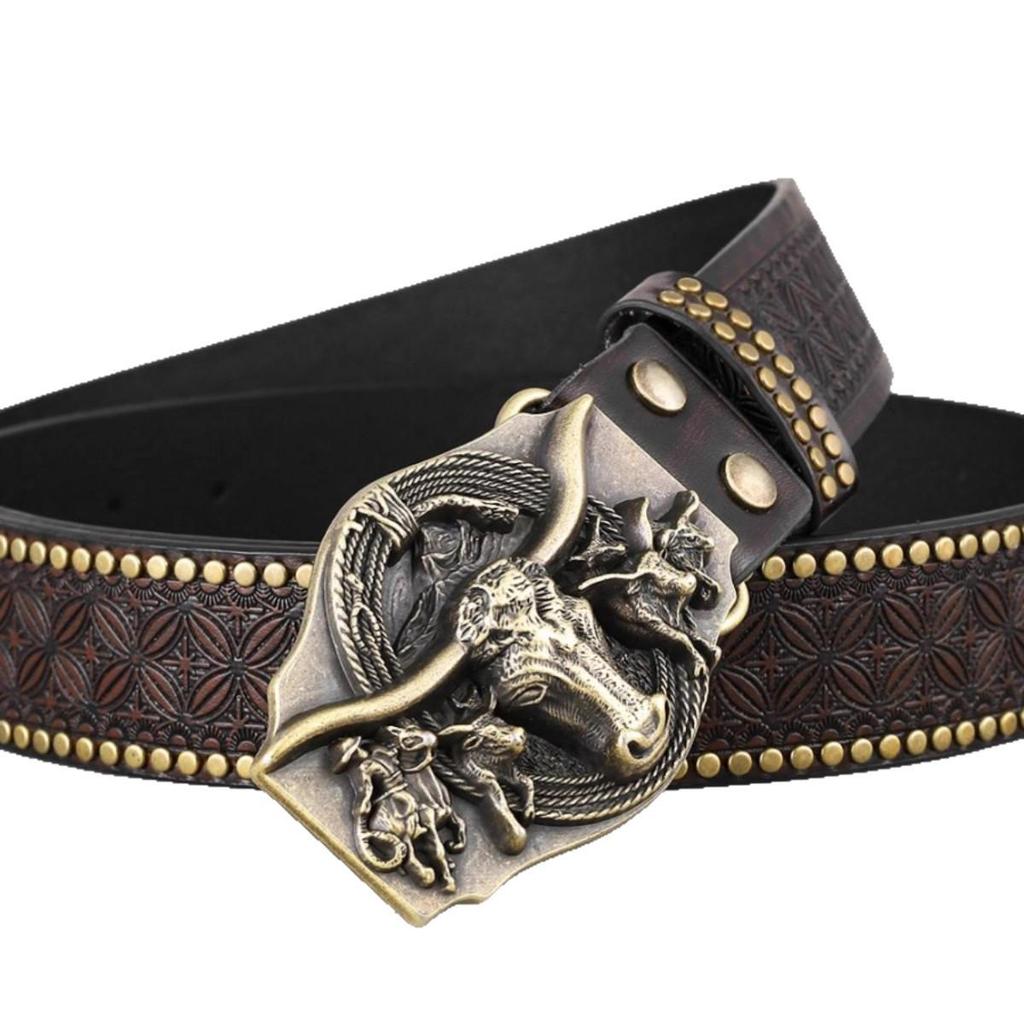 Western Cowboy Leather Belt with Bull Head Buckle, Rivet & Embossed Retro Style for Young Men