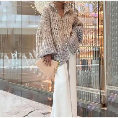 Móda Lurex Flitr Cardigan Lampáš Rukáv Šumivé Pletené Ženy Ležérne Výstrih do V Zips Voľný sveter Dáma Elegantná HighStreet Bunda Elegantné Streetwear