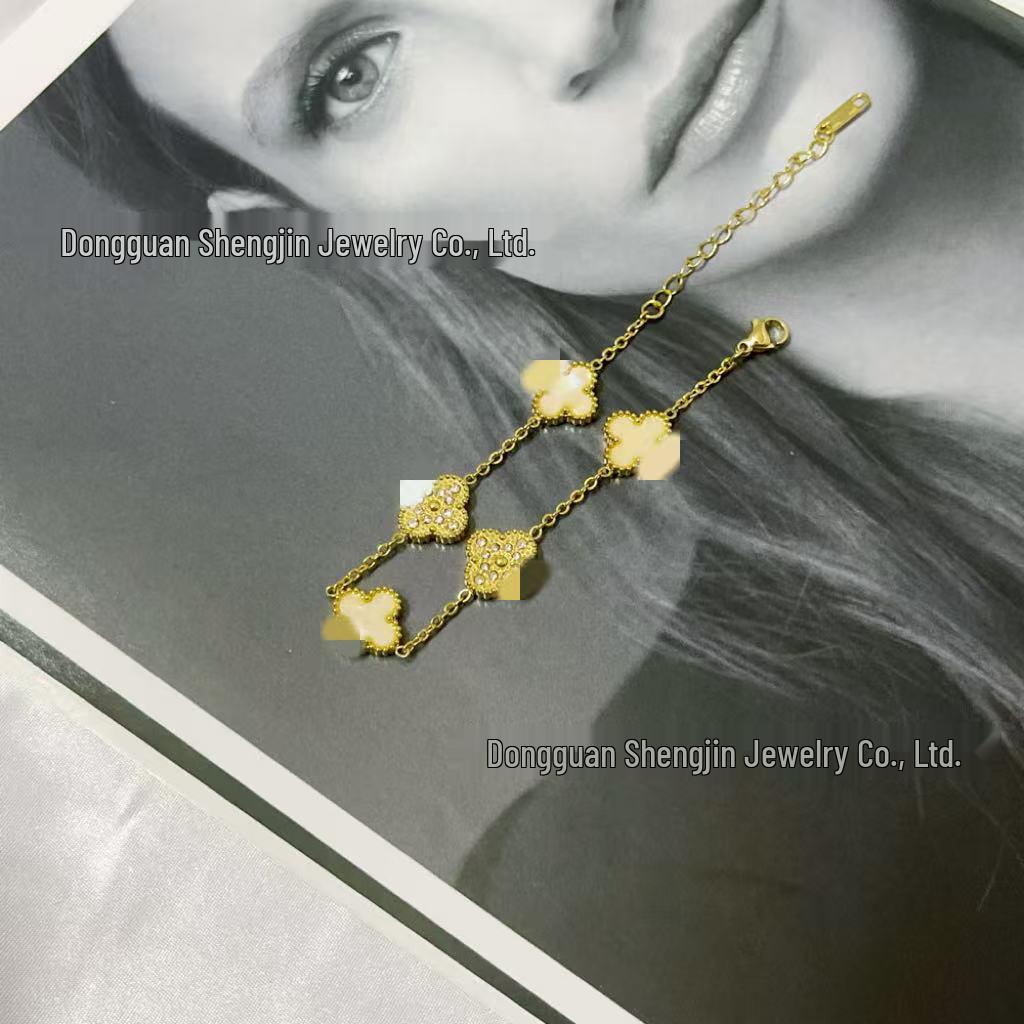 

Браслет з 13-мм конюшиною та діамантами, п ять квіток, 18 карат золота - Жіночий простий, універсальний, нетьмяніючий модний аксесуар 18K