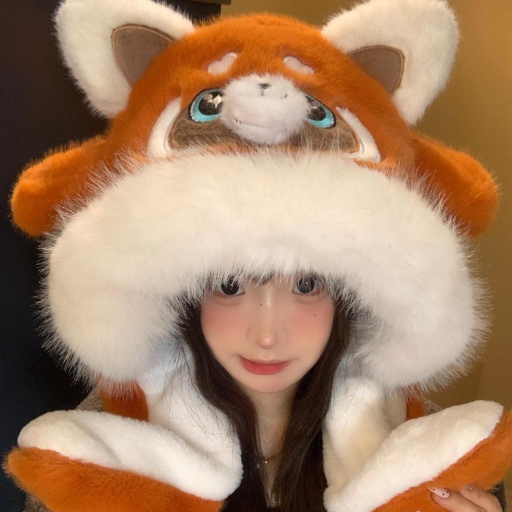 Cute Raccoon Hat Scarf Set With Movable Ears For Women Winter Warmth
