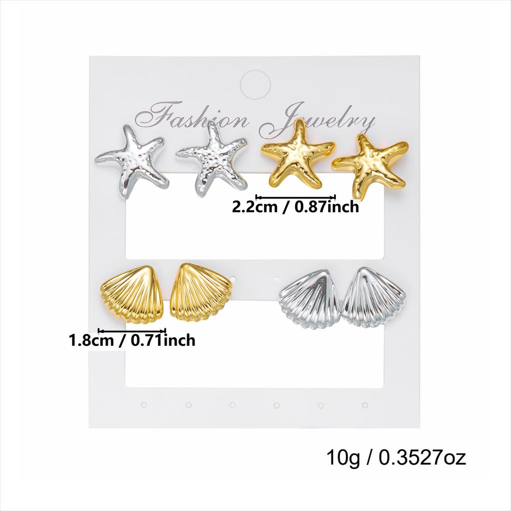 4Pairs/Set Starfish Shell Stud Earrings for Women Gold Silver Color Ocean Beach Earrings Fashion Jewelry