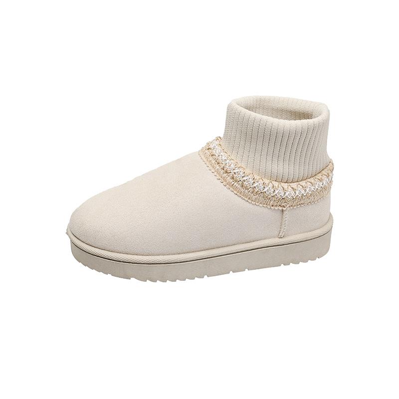 Casual Ethnic Style Embroidered Snow Boots Women  Soft Bottom Short Plush Winter New Warm Knitted Chelsea Boots Plus Size 42