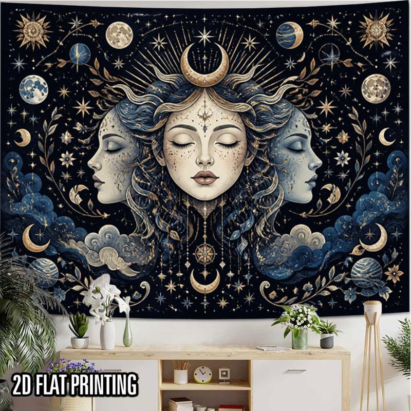 2D Flat - 2D Flat - 2D Flat Print 1pc Tapestry Three-Faced Goddess Moon Star Wall Hanging, Cosmic Goddess Art Decor Ideal Interior Decor for Bedrooms,