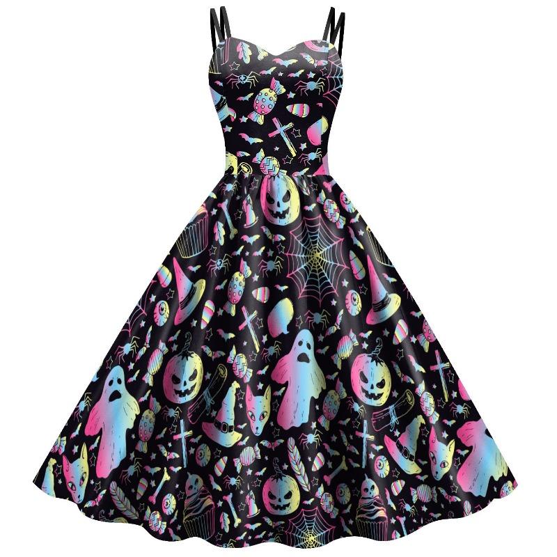 Women's Skirt Women's Halloween New Suspender Skull Head Spider Web Digital Printing Dress