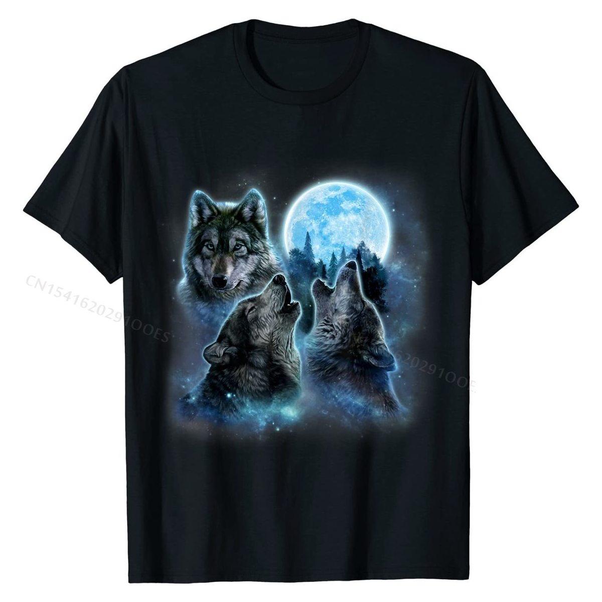 

T-Shirt Three Wolves Howling Under Icy Full Moon, Gray Wolf New Men s Top T-shirts Custom Tops Shirts Cotton Fashionable 4XL