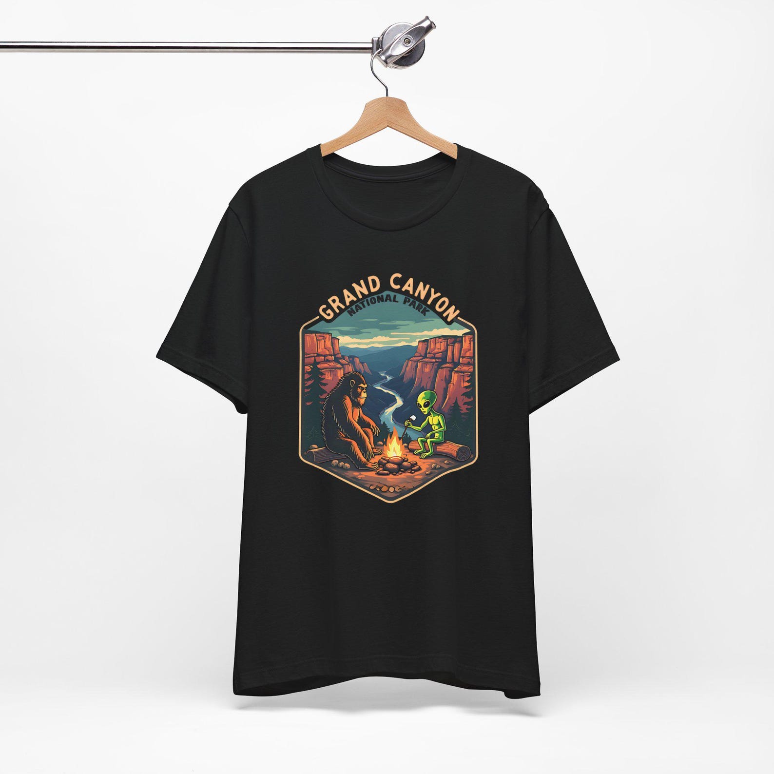 Bigfoot & Alien Camping Grand Canyon Unisex Tee Shirt, Family Adventure, Outdoor, Conspiracy Theorist, Hiking, Grand Canyon National Park XL