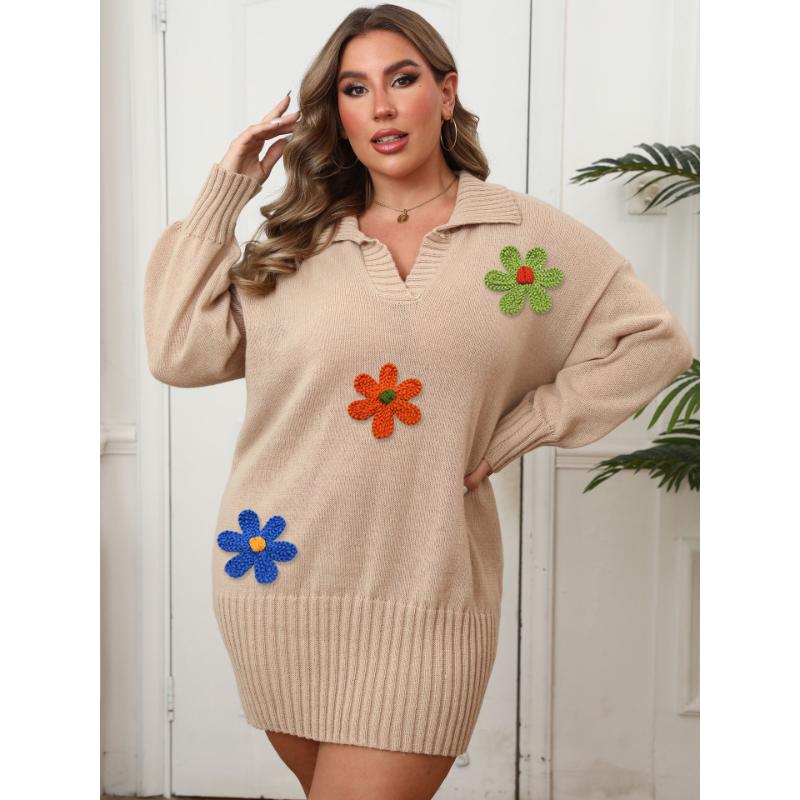 Autumn Winter Dress Women's Polo Collar Hip Skirt Woolen Embroidery Flower Splicing Sweater Skirt