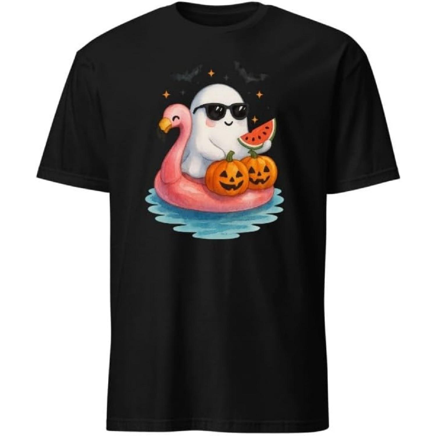 Summer Ghost with Flamingo Float Beach Watercolor Cute Ghost T-Shirt Summer-ween Party Tee for Men and Women S