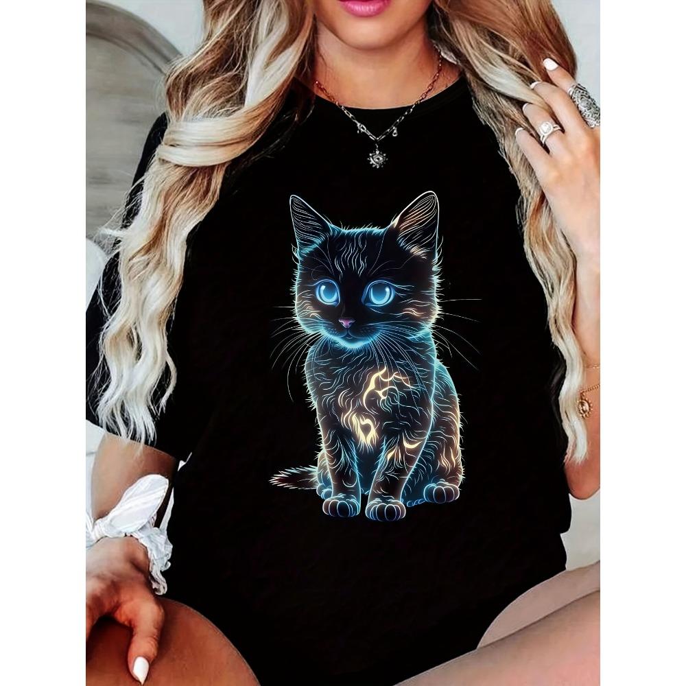 

Women Cotton Short Sleeves T-shirts Neon Glow Kitten Women s Tee Futuristic Cat Graphic Casual Black Top S