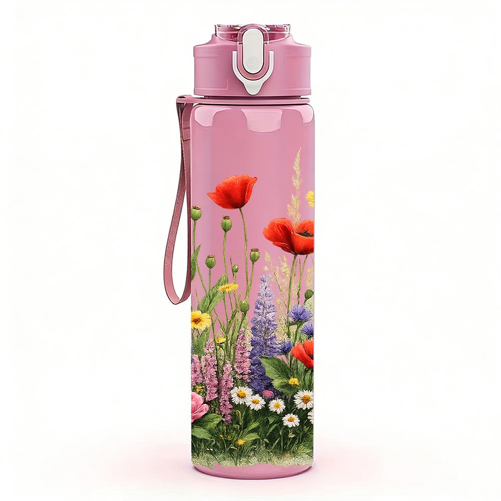 1PC Wild Mixed Meadow Flower Group 750ml Color Plastic Water Bottle Leakproof Flip Straw Lid For Sports Office Home Use