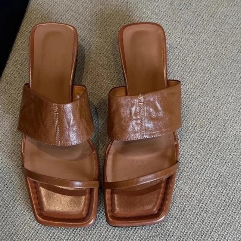 Fashion Fashion Open Toe Flip Flops Women's Vintage Outside Square Toe Open Toe Non-slip Block Heel Kitten Slippers