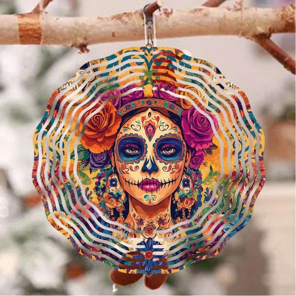 2D Mandala Wind Chime with Colorful Day of the Dead Skull Design Metal Outdoor Garden Decor for Patio Balcony Thanksgiving Christmas Gift