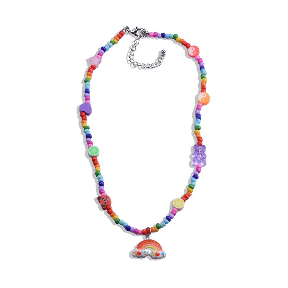 Travel Vacation Party Necklace Baroque Handmade Rice Beads Bohemian Rainbow Pendant Neck Chain Female