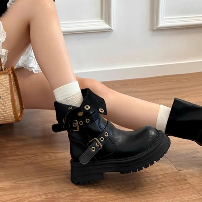 Autumn Winter Belt Buckle Women Knight Boots Fashion Slip On Shoes Vintage Platform Square Heels Ladies Mid Calf Booties