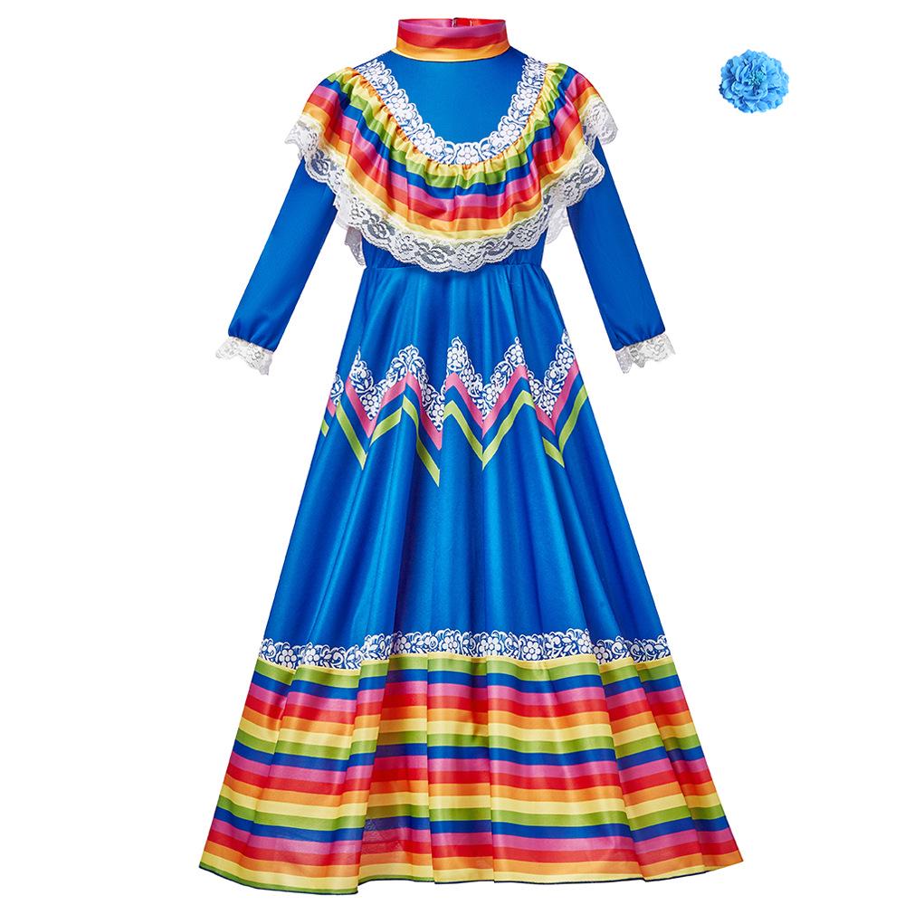 

Mexican Folk Dance Long Dress - New Halloween Costume for School Stage Performance L (135-150cm) синій