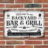 Tin Sign Welcome to Our Backyard Bar  Grill Retro Metal Wall Art Plaque Funny BBQ Quote Sipping Grilling Chilling Lettering