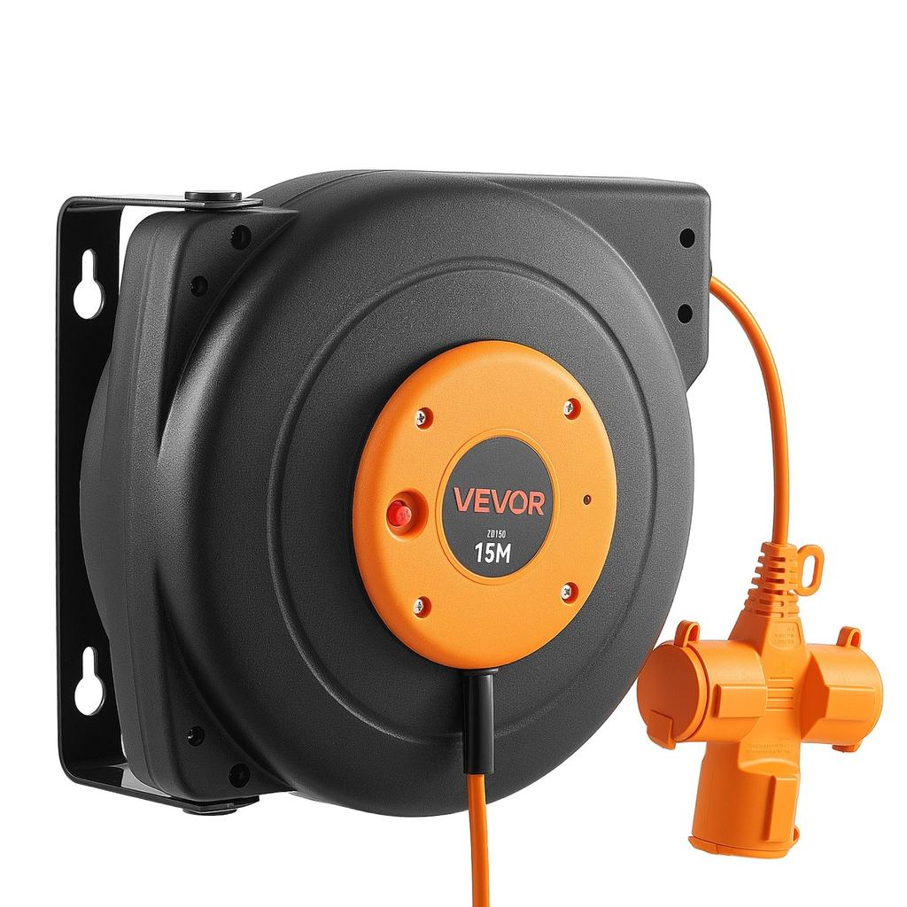 Retractable Extension Cord Reel 15 M Heavy Duty 16AWG / 3C Orange, for Ceiling/Wall Mount, Overheat Protection, Automatic Retractable Power Cord,