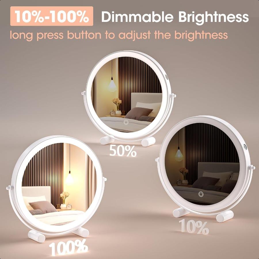 10inch Lighted Makeup Mirror with Magnification White Frame Rechargeable 3000 mAh Vanity Mirror with Lights Desk Mirror with Di