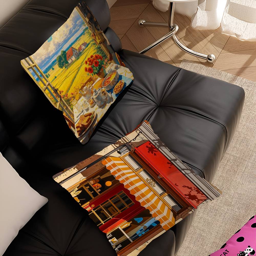 Coffee Shop City Bakery Illustration Decorative Room Aesthetics Pillow Case Home Decor Bedroom Sofa Bed Couch Pillow Cover 45x45
