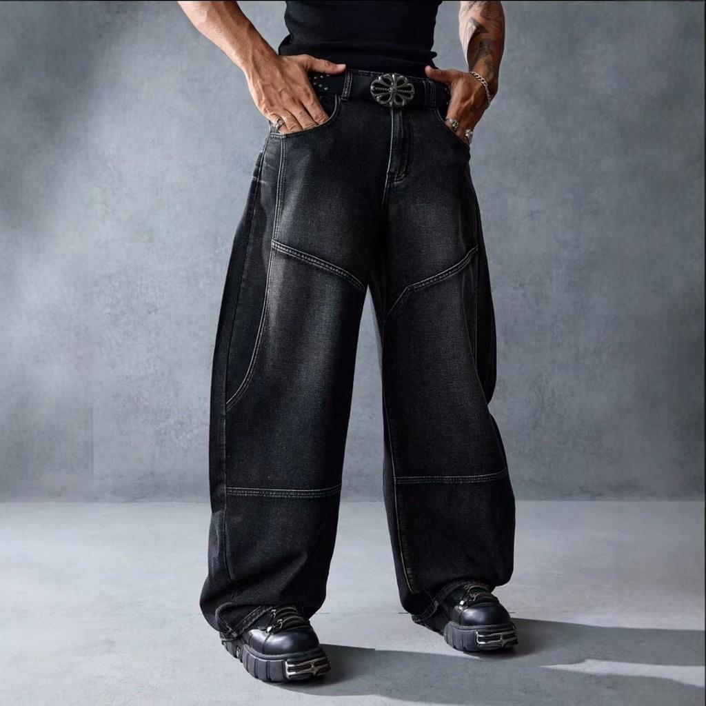 European and American street wing printed jeans men's straight loose high street washed denim trousers men