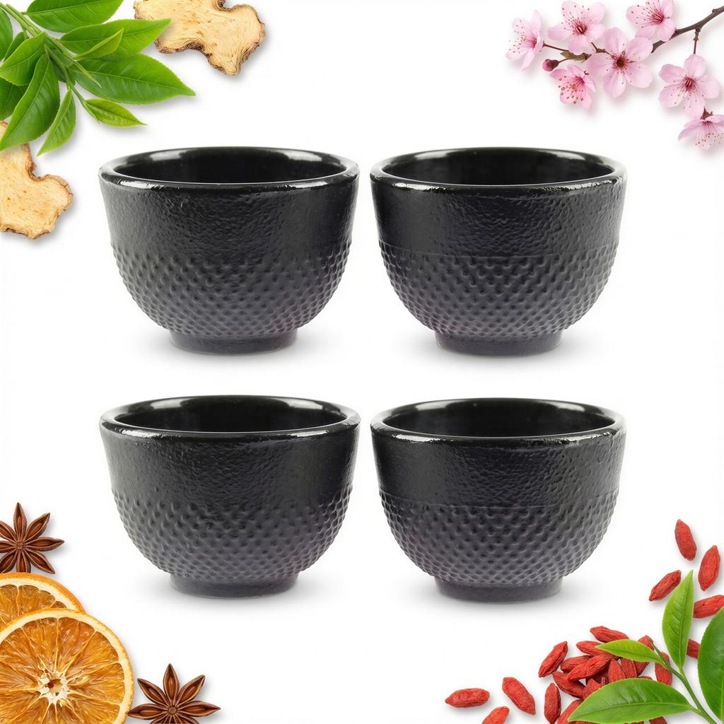 CAST IRON HERBAL TEA CUPS SET OF 4, BLACK ENAMELLED, 100ml