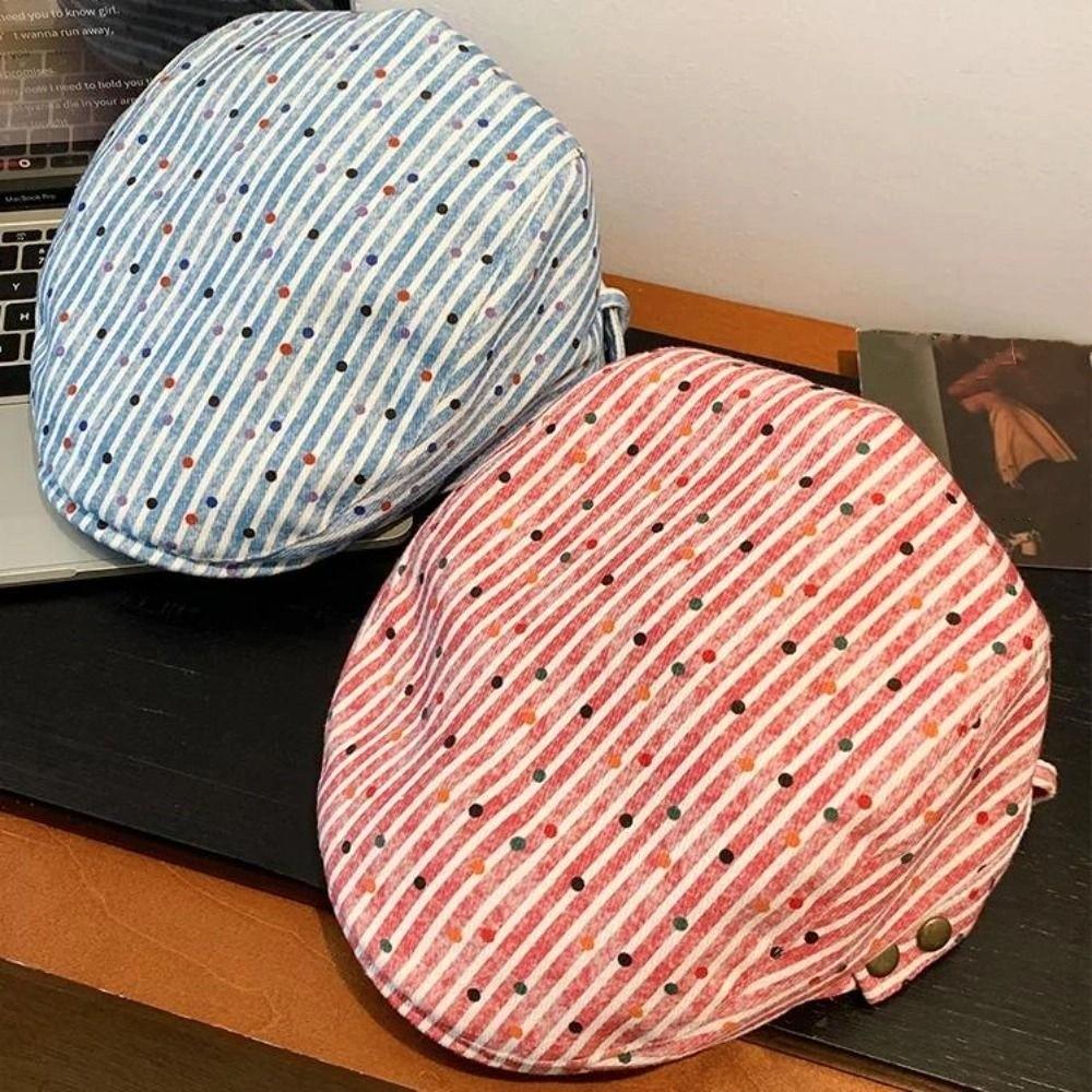 Vintage Polka Dot Beret Korean Painter Cap Ins Stripped Berets  Streetwear