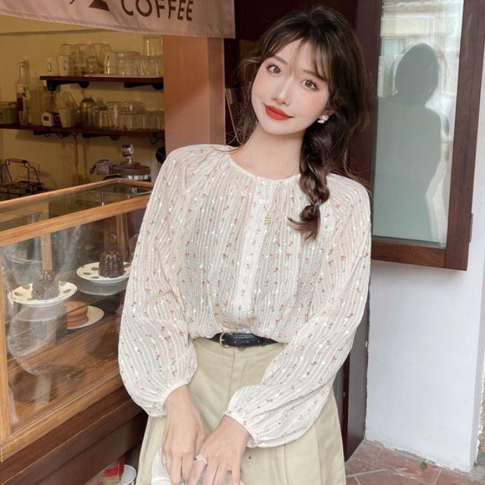 Long Sleeve Floral Chiffon Top Women's Designer Spring Summer Stylish Lantern Sleeve Loose Blouse
