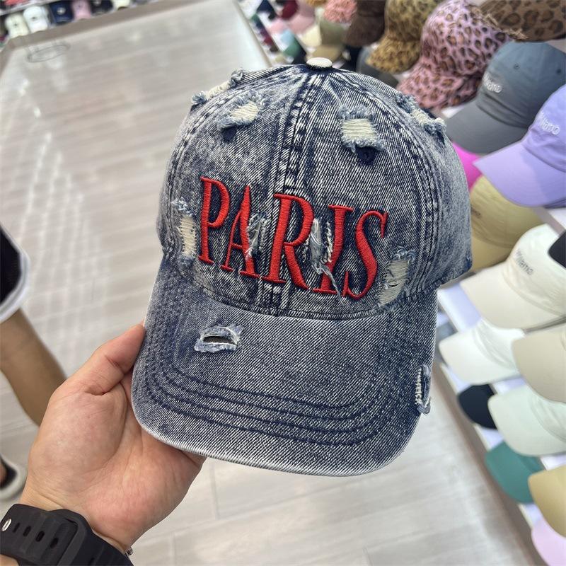

Модная бейсболка из денима с английской вышивкой для большого обхвата головы, рваная, мужская и женская уличная мода, повседневная кепка M（56-58cm） темно-синий