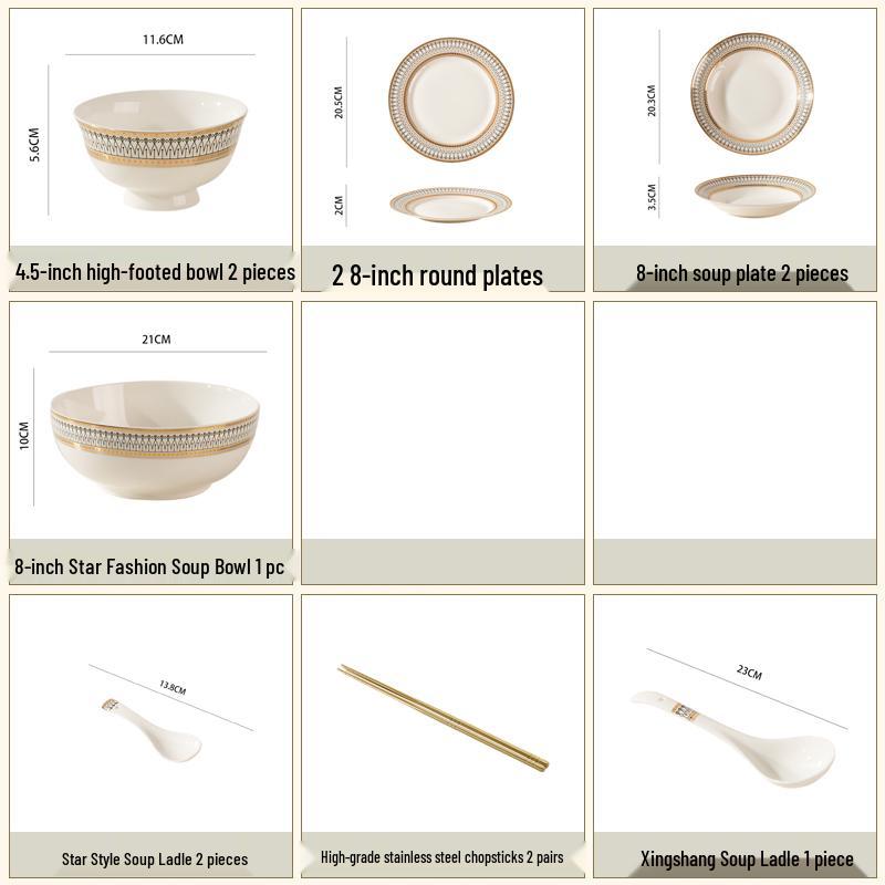 European Style Gold Rim Ceramic Dinnerware Set - Includes Large Bowls, Soup Bowls, Plates, and Rice Bowls for New Year Celebrations.