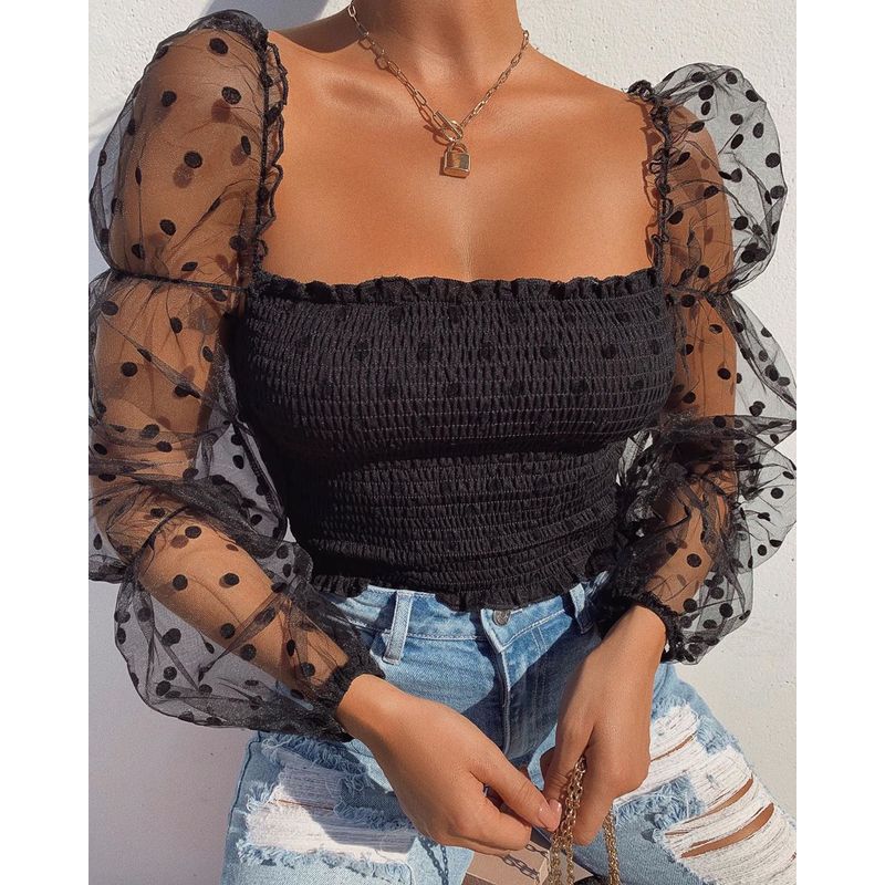 

Mesh Shirt Square Neck Puff Sleeve Top Gauzy Shirt Puff Sleeve Top Auburn S