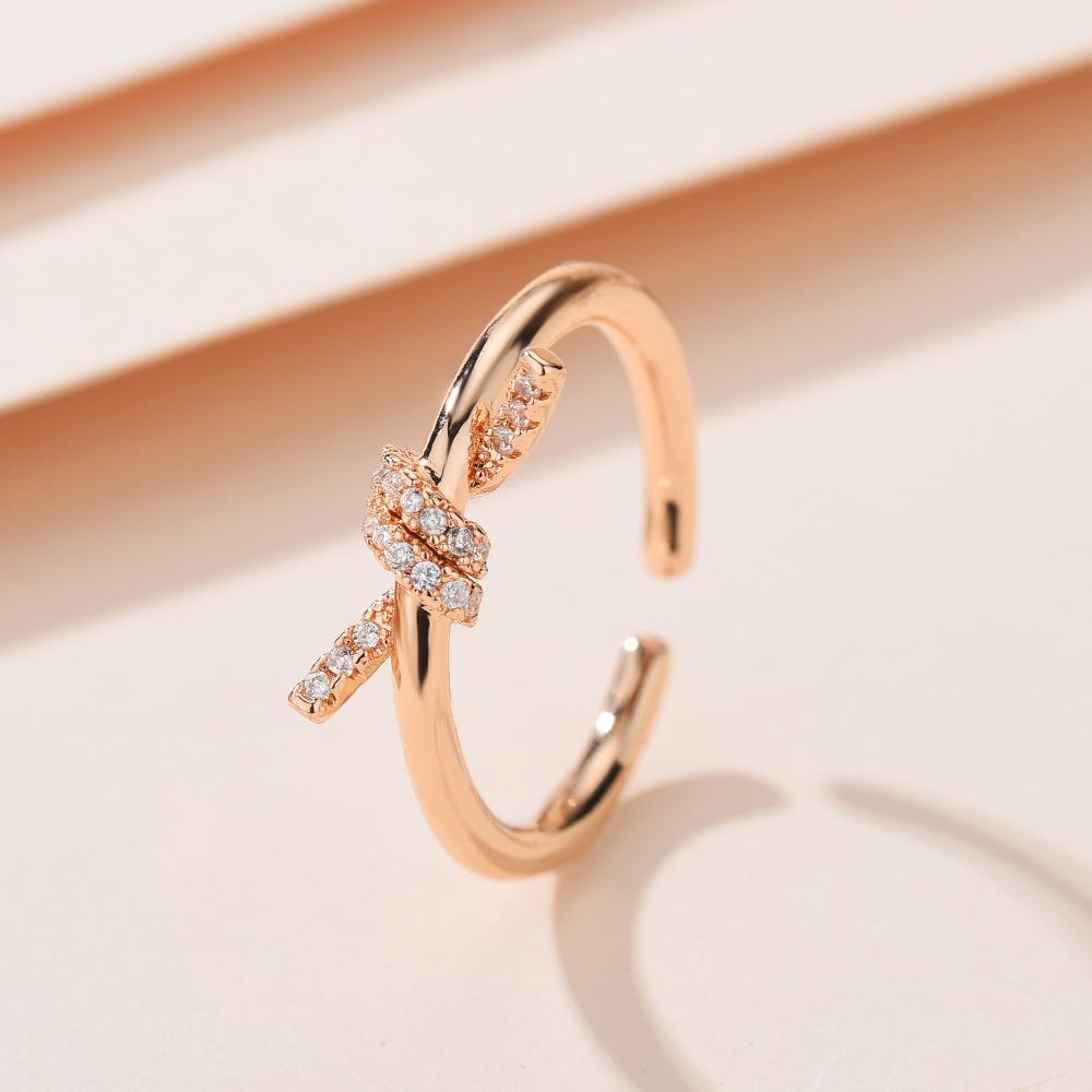 High version knot rope ring bow ring thick-plated 18k rose gold diamond-set open pair ring